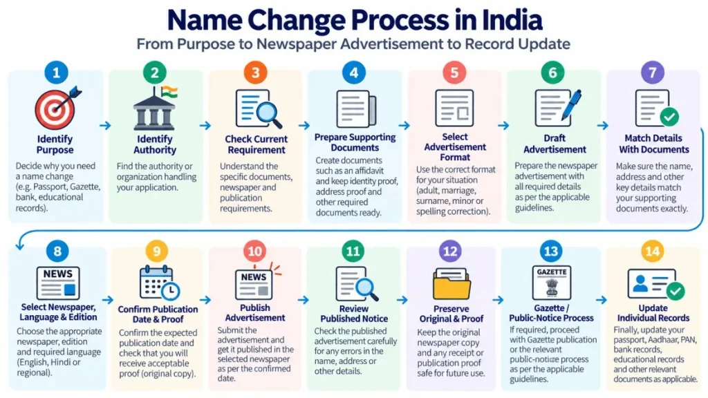 14-step name change process infographic in India