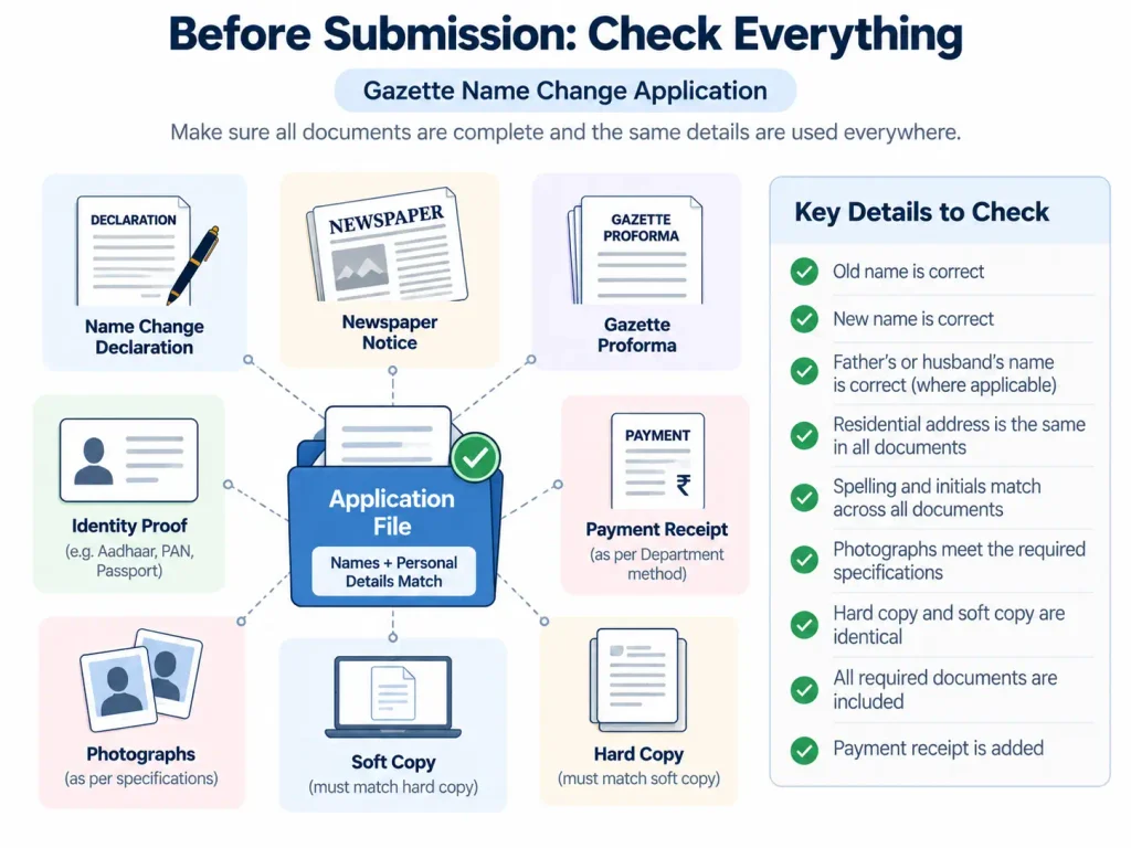 Document checklist showing consistency checks for a Gazette name change application
