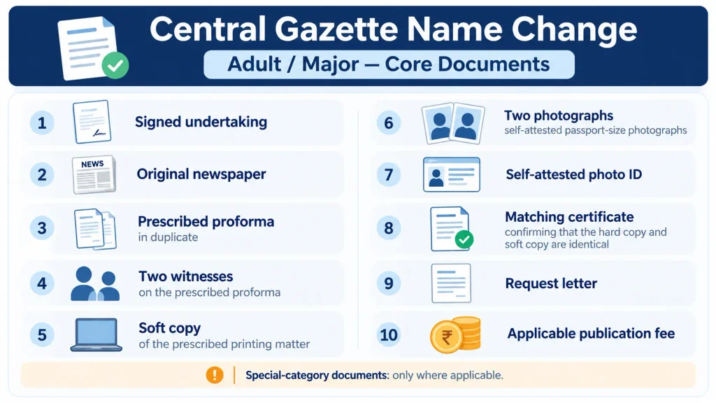 Core document checklist for an adult Central Gazette name change application