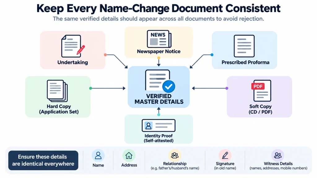 Diagram showing how Gazette name-change details should remain consistent across the undertaking, newspaper, proforma, hard copy, soft copy and identity proof
