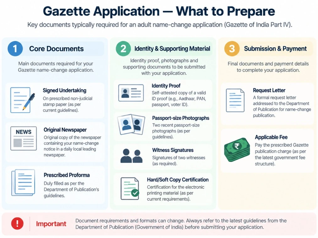 Checklist graphic showing documents required for an adult Gazette of India name-change application