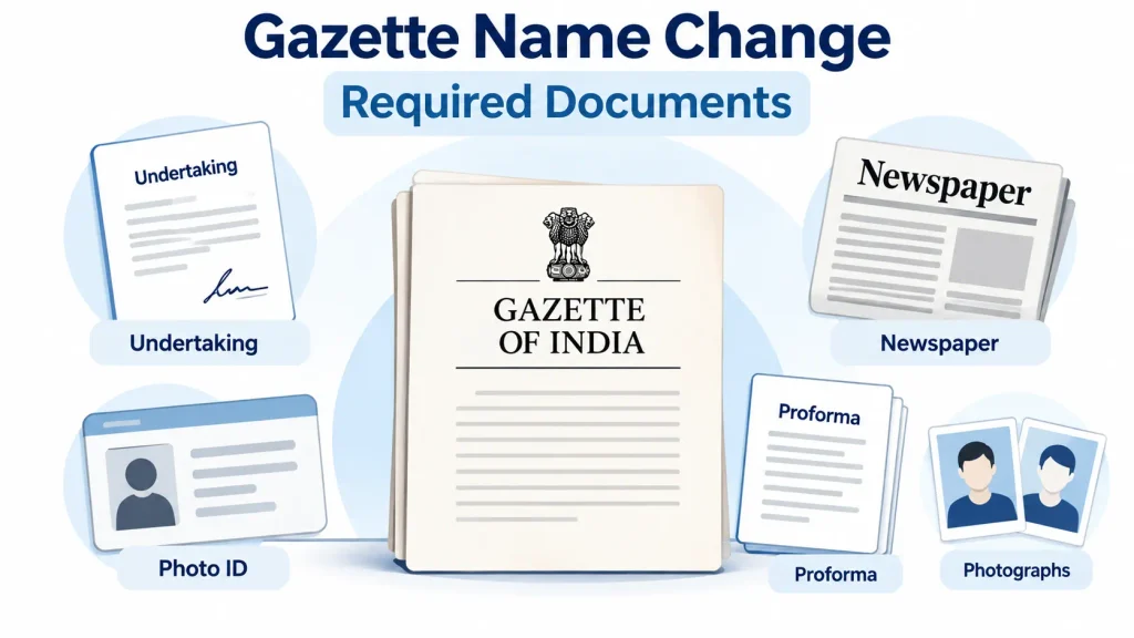 Documents representing the requirements for a Gazette name change in India