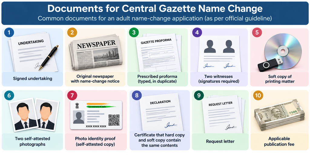 Visual checklist of common documents for an adult Central Gazette name-change application