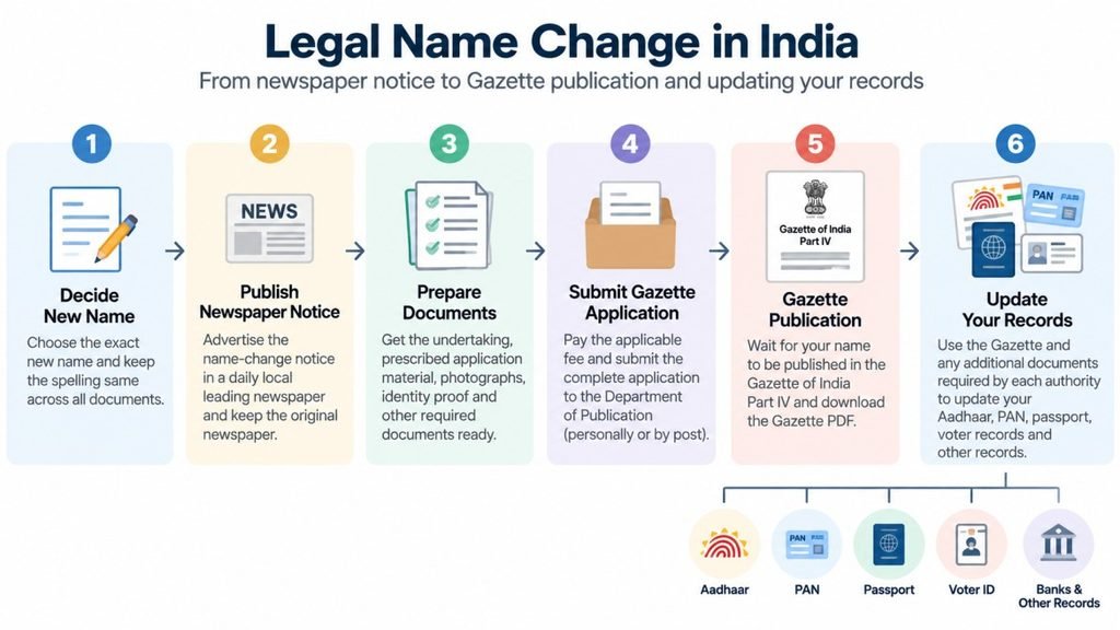 Flow diagram showing the legal name-change process in India from newspaper notice and Gazette application to updating official records