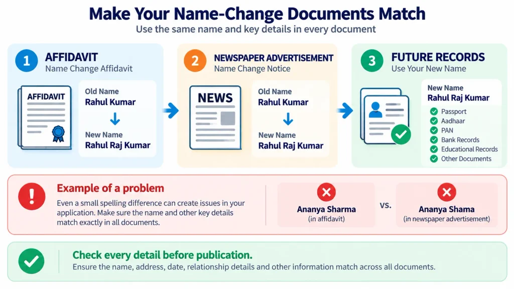 Name change documents showing matching old and new names