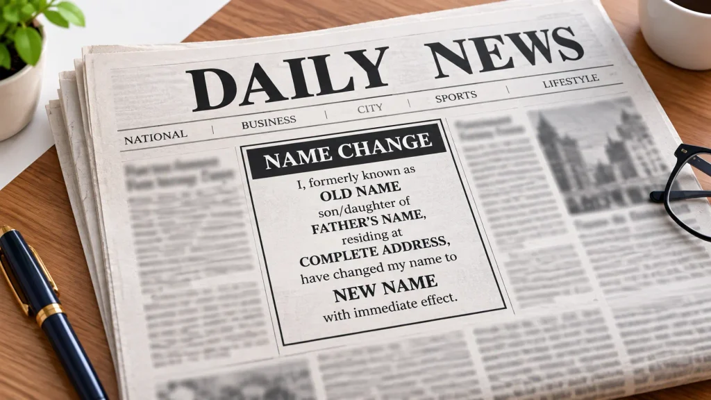 Newspaper name-change notice showing the old name, proposed new name and required personal details