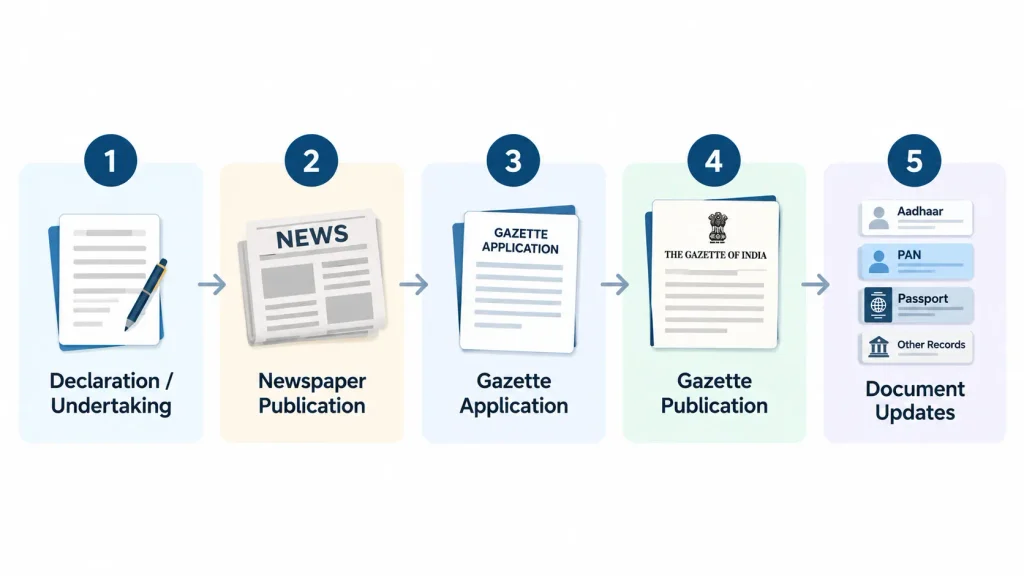 Five-step diagram showing declaration, newspaper publication, Gazette application, Gazette publication and document updates