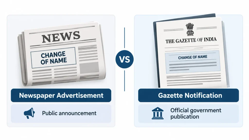 Comparison showing a Gazette notification as an official government publication versus a newspaper advertisement