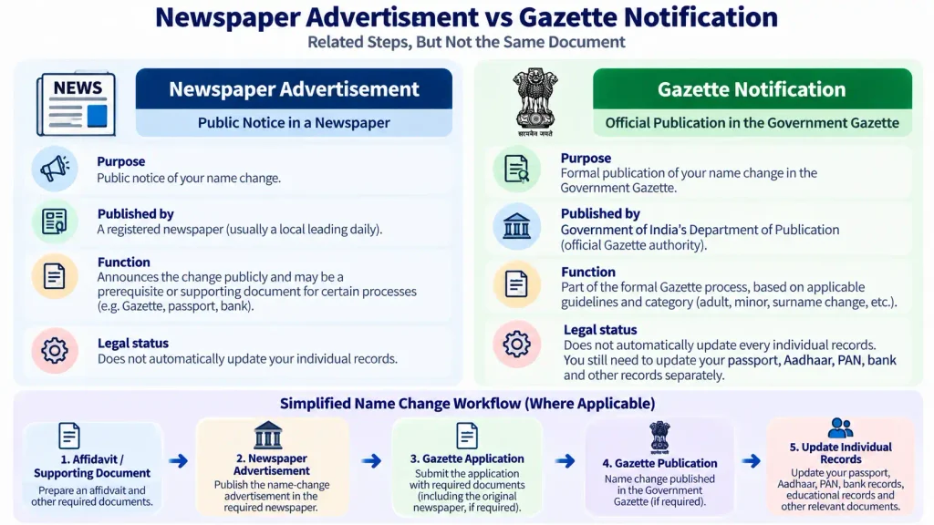 Newspaper advertisement versus Gazette notification for Indian name changes.