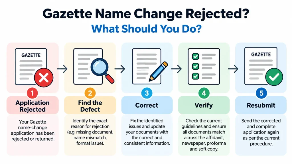Process showing what to do after a Gazette name change application is rejected