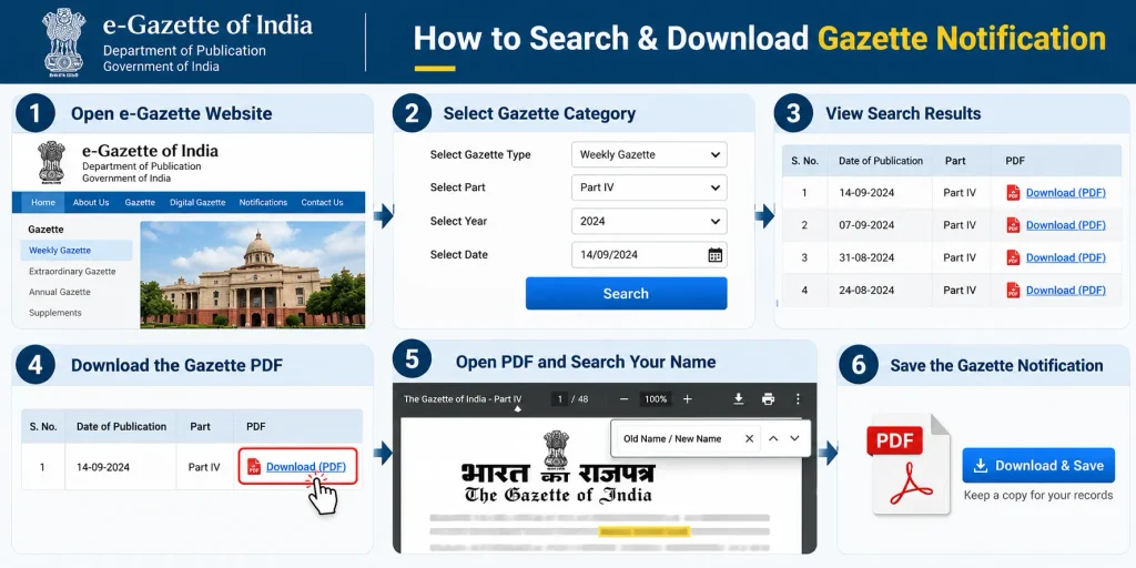 e-Gazette search workflow showing Gazette category, Part IV, date range, PDF download and name search