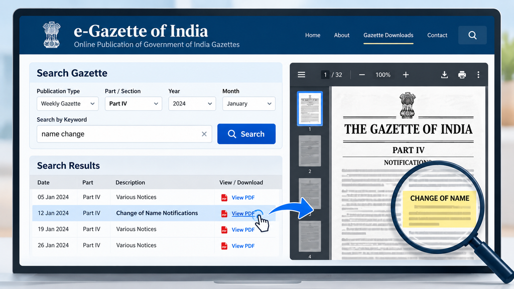 e-Gazette search interface for finding and verifying a published Gazette name-change notification